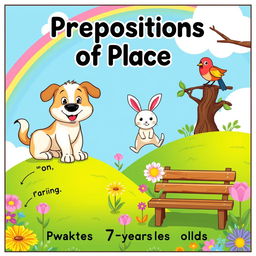A colorful and playful illustration designed for teaching prepositions of place, featuring various cute animals in a vibrant outdoor setting