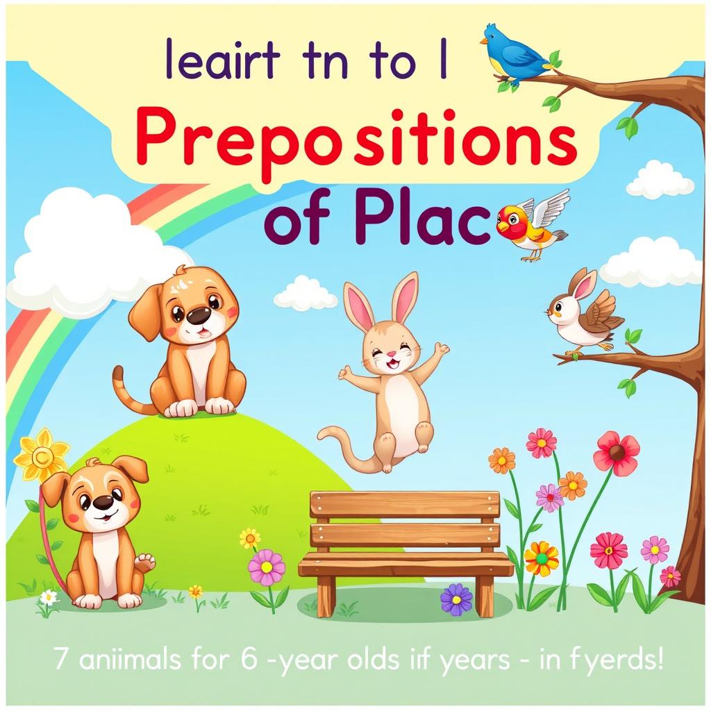 A colorful and playful illustration designed for teaching prepositions of place, featuring various cute animals in a vibrant outdoor setting