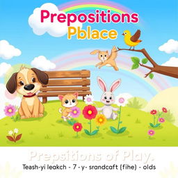 A colorful and playful illustration designed for teaching prepositions of place, featuring various cute animals in a vibrant outdoor setting