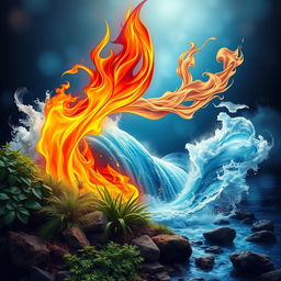 A vibrant movie poster depicting the four elements: water, fire, earth, and air, intertwined and living harmoniously side by side