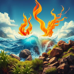 A vibrant movie poster depicting the four elements: water, fire, earth, and air, intertwined and living harmoniously side by side
