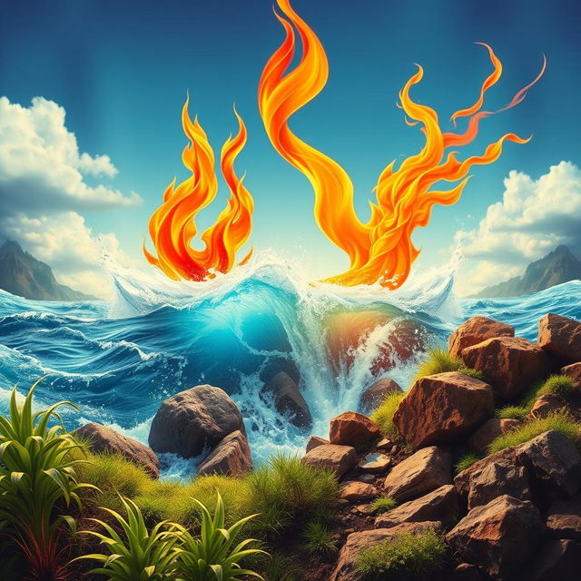 A vibrant movie poster depicting the four elements: water, fire, earth, and air, intertwined and living harmoniously side by side