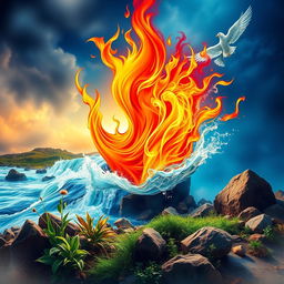 A vibrant movie poster depicting the four elements: water, fire, earth, and air, intertwined and living harmoniously side by side