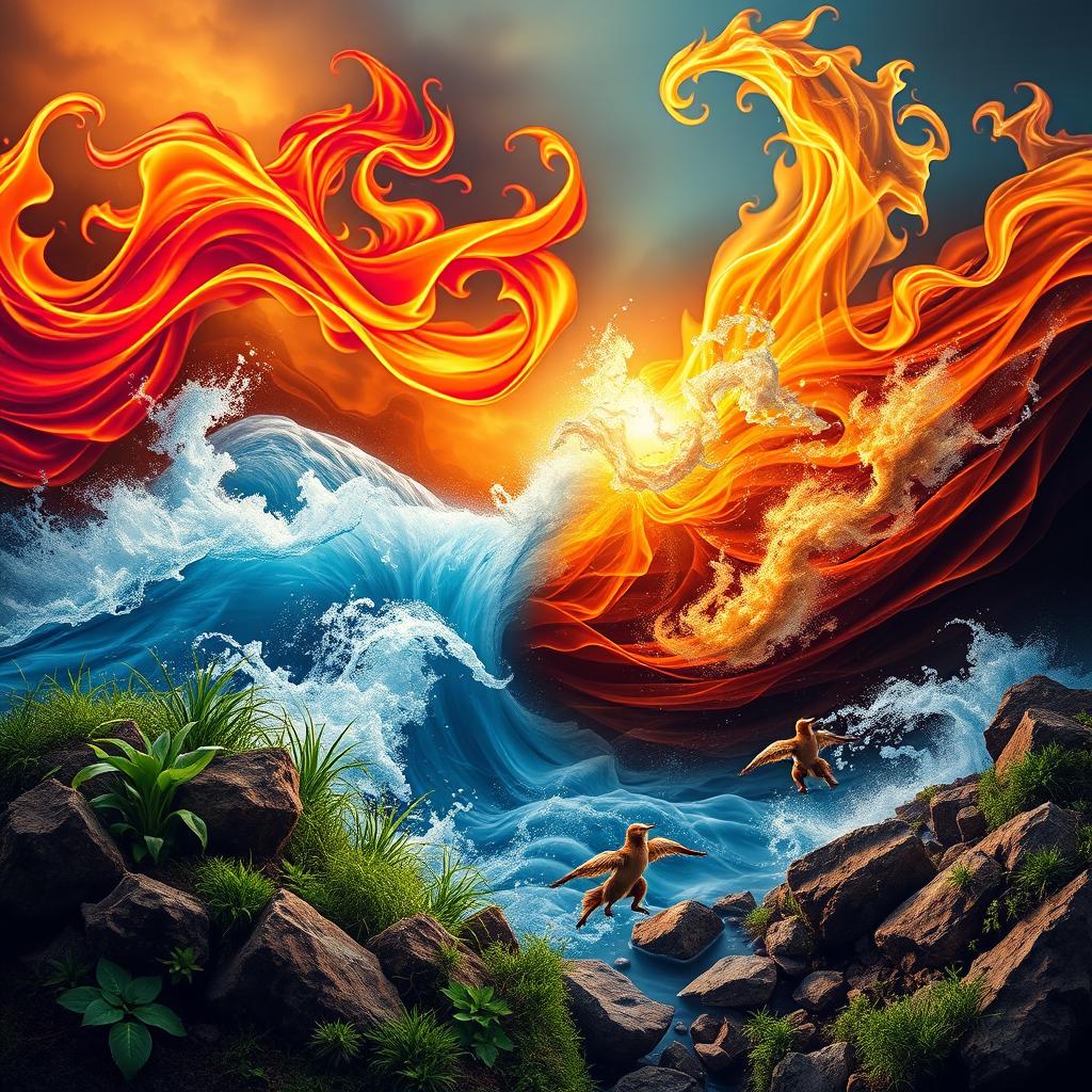 A vibrant movie poster depicting the four elements: water, fire, earth, and air, intertwined and living harmoniously side by side