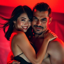 A captivating image featuring a sexy Chinese woman embracing a fierce-looking man, both radiating charisma and intensity