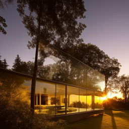 A state-of-the-art glass house during a gorgeous, golden sunset with light reflecting off its sleek, transparent walls.