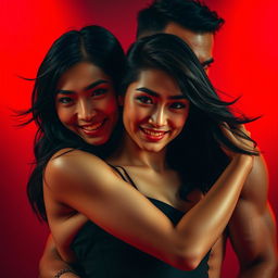 A captivating image featuring a sexy Chinese woman embracing a fierce-looking man, both radiating charisma and intensity