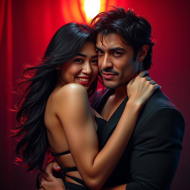 A captivating image featuring a sexy Chinese woman embracing a fierce-looking man, both radiating charisma and intensity