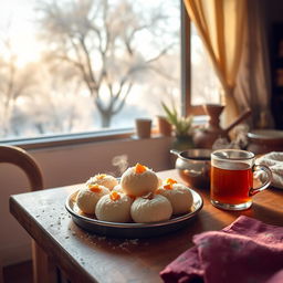 A beautiful winter morning scene featuring traditional Bengali bhapa pitha (steamed rice cakes) being prepared and served