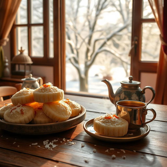 A beautiful winter morning scene featuring traditional Bengali bhapa pitha (steamed rice cakes) being prepared and served