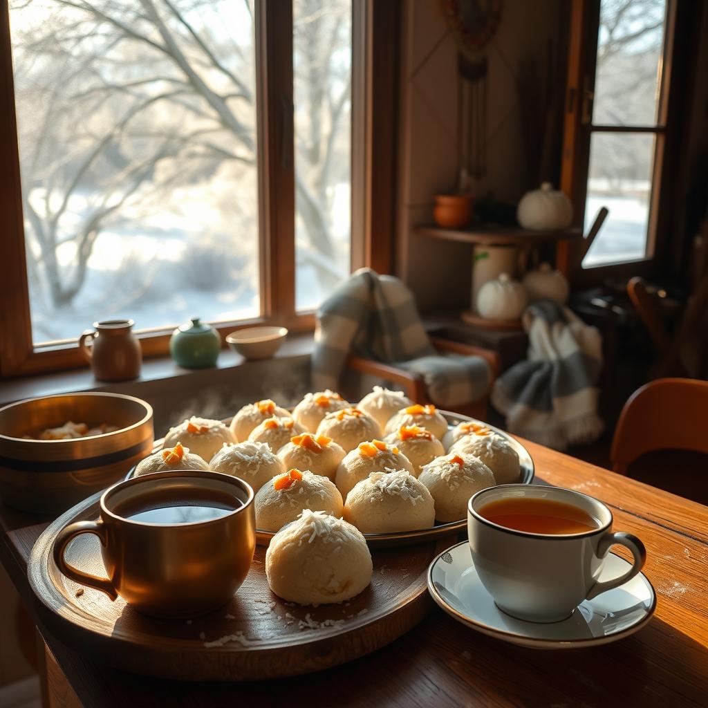 A beautiful winter morning scene featuring traditional Bengali bhapa pitha (steamed rice cakes) being prepared and served