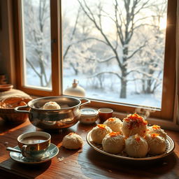 A beautiful winter morning scene featuring traditional Bengali bhapa pitha (steamed rice cakes) being prepared and served