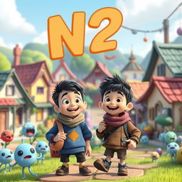 A whimsical Pixar-style cartoon scene depicting a fictional village called N2