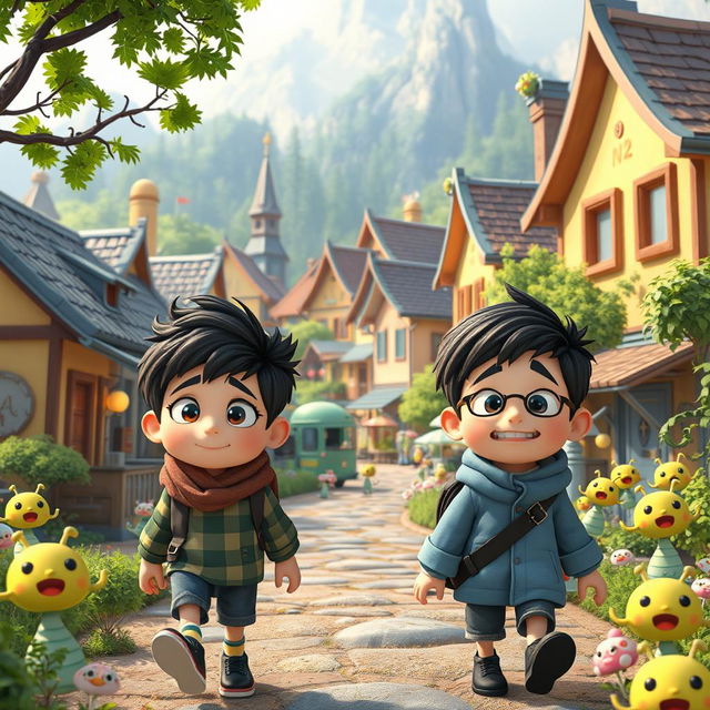 A whimsical Pixar-style cartoon scene depicting a fictional village called N2