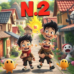 A whimsical Pixar-style cartoon scene depicting a fictional village called N2