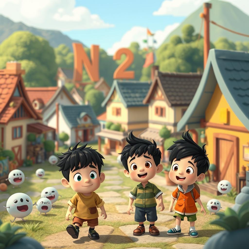 A whimsical Pixar-style cartoon scene depicting a fictional village called N2