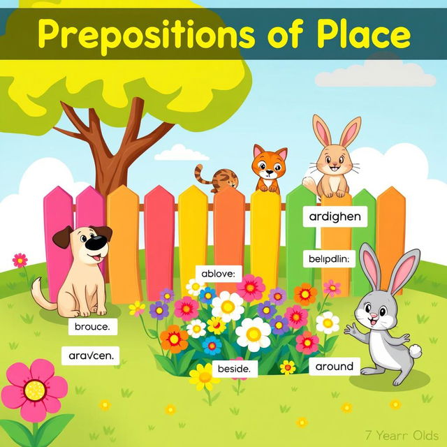 A vibrant and engaging illustration for children focusing on prepositions of place