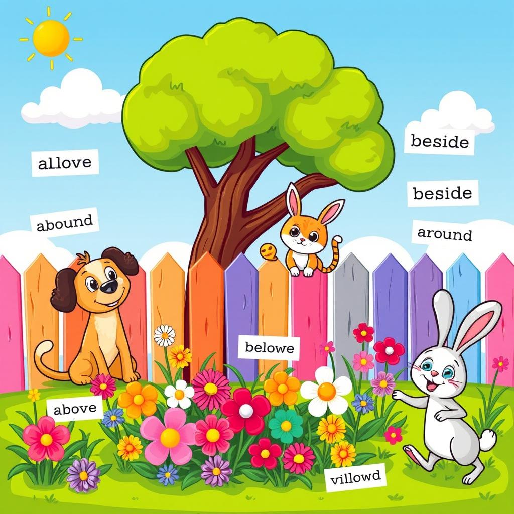 A vibrant and engaging illustration for children focusing on prepositions of place