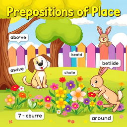 A vibrant and engaging illustration for children focusing on prepositions of place