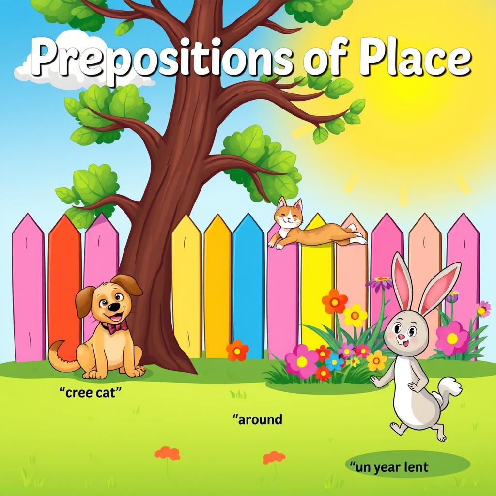 A vibrant and engaging illustration for children focusing on prepositions of place without any text