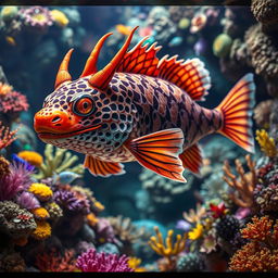 A rare catfish designed with a dragon-like face, featuring intricate scale patterns resembling a tiger's skin
