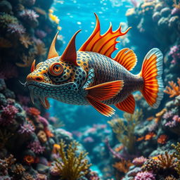 A rare catfish designed with a dragon-like face, featuring intricate scale patterns resembling a tiger's skin