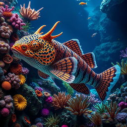 A rare catfish designed with a dragon-like face, featuring intricate scale patterns resembling a tiger's skin