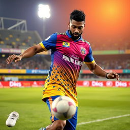 A French footballer, resembling Kelisn Mebabe, wearing the vibrant Punjab Kings cricket jersey