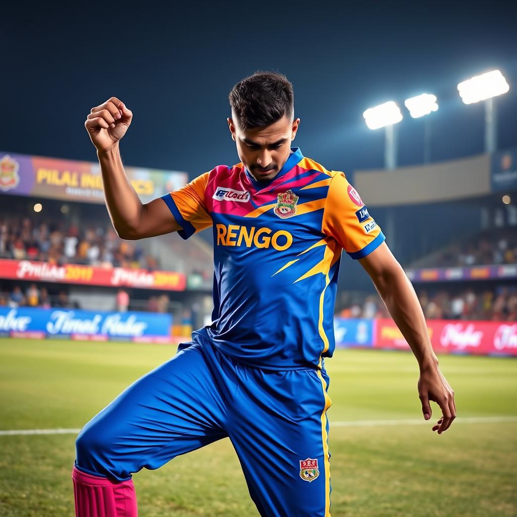 A French footballer, resembling Kelisn Mebabe, wearing the vibrant Punjab Kings cricket jersey