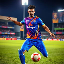 A French footballer, resembling Kelisn Mebabe, wearing the vibrant Punjab Kings cricket jersey
