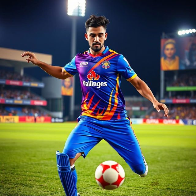 A French footballer, resembling Kelisn Mebabe, wearing the vibrant Punjab Kings cricket jersey