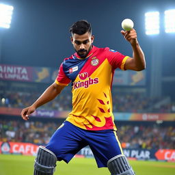A French footballer, resembling Kelisn Mebabe, wearing the vibrant Punjab Kings cricket jersey