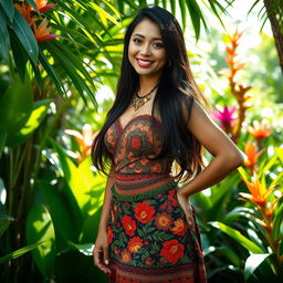 A stunning Javanese woman gracefully wearing a traditional Papuan skirt, adorned with vibrant patterns and textures