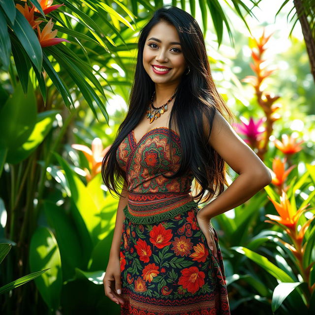 A stunning Javanese woman gracefully wearing a traditional Papuan skirt, adorned with vibrant patterns and textures