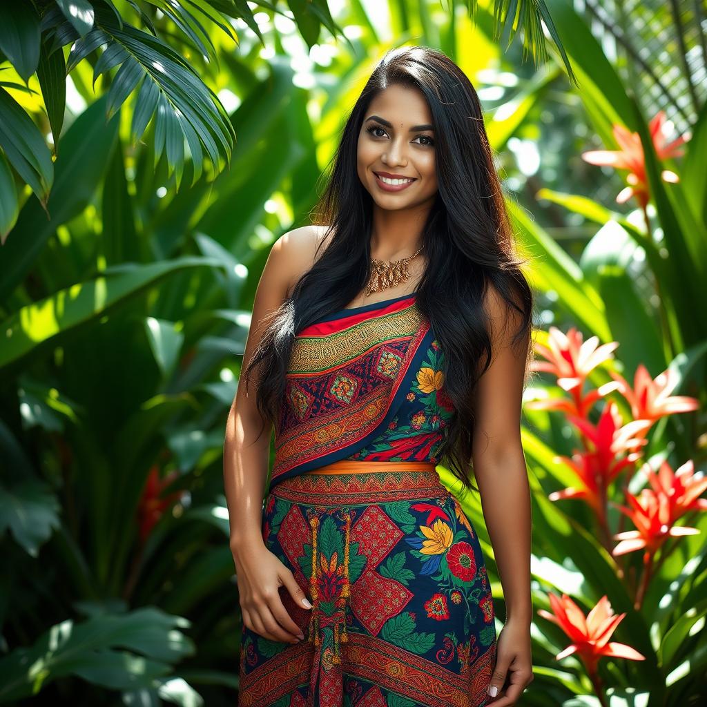 A stunning Javanese woman gracefully wearing a traditional Papuan skirt, adorned with vibrant patterns and textures