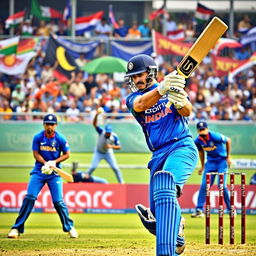 A dynamic scene showcasing a tense cricket match between two teams, with Indian cricket players displaying intense competition