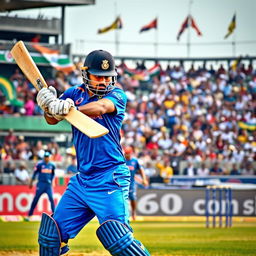 A dynamic scene showcasing a tense cricket match between two teams, with Indian cricket players displaying intense competition