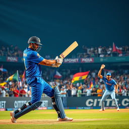 A dynamic scene showcasing a tense cricket match between two teams, with Indian cricket players displaying intense competition