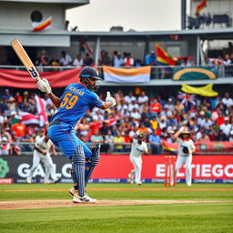 A dynamic scene showcasing a tense cricket match between two teams, with Indian cricket players displaying intense competition