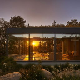 A state-of-the-art glass house during a gorgeous, golden sunset with light reflecting off its sleek, transparent walls.