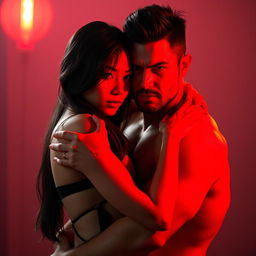 An alluring image of a sexy Chinese woman warmly hugging a fierce-looking man, both exuding a captivating chemistry