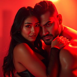 An alluring image of a sexy Chinese woman warmly hugging a fierce-looking man, both exuding a captivating chemistry