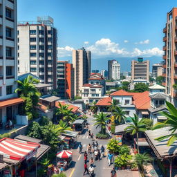 A vibrant, modern cityscape of Jakarta as it might look if it had never been colonized by the Dutch