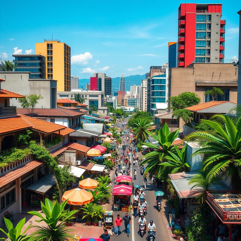 A vibrant, modern cityscape of Jakarta as it might look if it had never been colonized by the Dutch