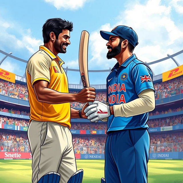 A dramatic sports illustration capturing an iconic moment between Kumar Sangakkara and Virat Kohli on a cricket field