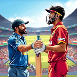 A dramatic sports illustration capturing an iconic moment between Kumar Sangakkara and Virat Kohli on a cricket field
