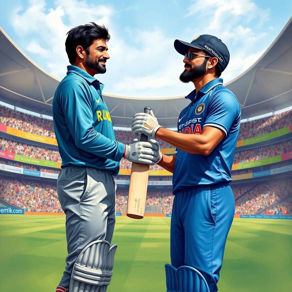 A dramatic sports illustration capturing an iconic moment between Kumar Sangakkara and Virat Kohli on a cricket field