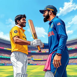 A dramatic sports illustration capturing an iconic moment between Kumar Sangakkara and Virat Kohli on a cricket field