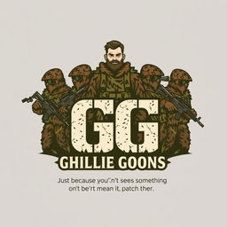 A logo design for a Ghillie Goon team featuring a tall man amidst a group of four, all wearing brown and green ghillie suits that include subtle leaves, designed to look lightweight and not overly bulky