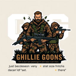 A logo design for a Ghillie Goon team featuring a tall man amidst a group of four, all wearing brown and green ghillie suits that include subtle leaves, designed to look lightweight and not overly bulky